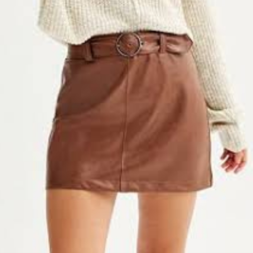 SO Brown Faux Leather Belted Skirt XS NWT